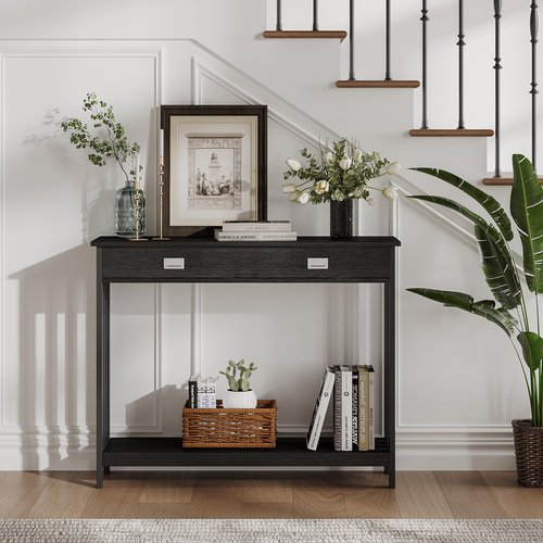 ChooChoo 39" Black Entryway Table with Drawer, Narrow Console Table with Storage Shelf, Sofa Table for Living Room, Entryway, and Hallway