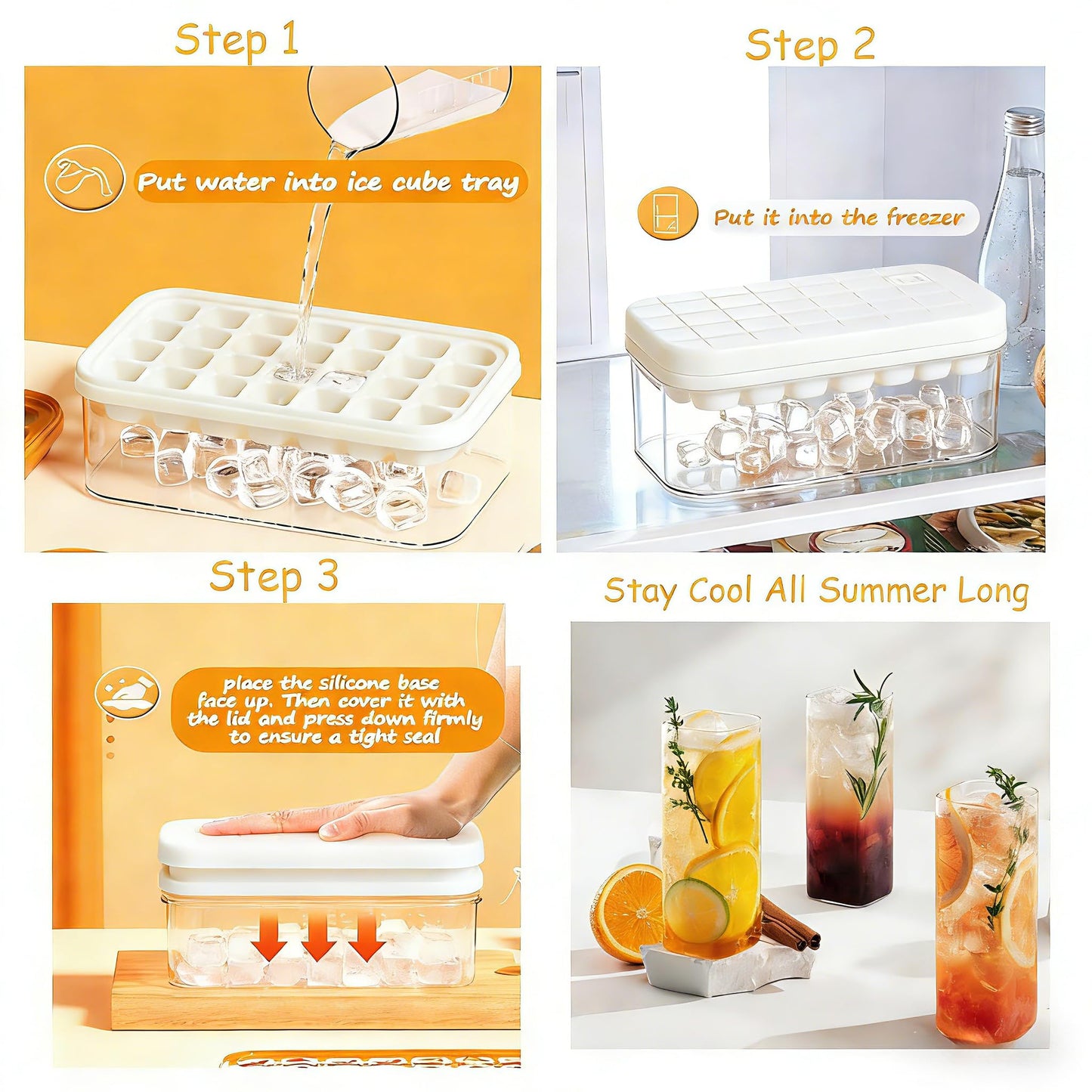 Ice Cube Tray - Freezer Ice Tray Ice Mold Ice Maker for Drinks Whiskey Beer Cocktail Coffee, Transparent Sealed Lid Design for Keep Ice Clean, With Tweezers and 2 Ice Trays Storage（White）