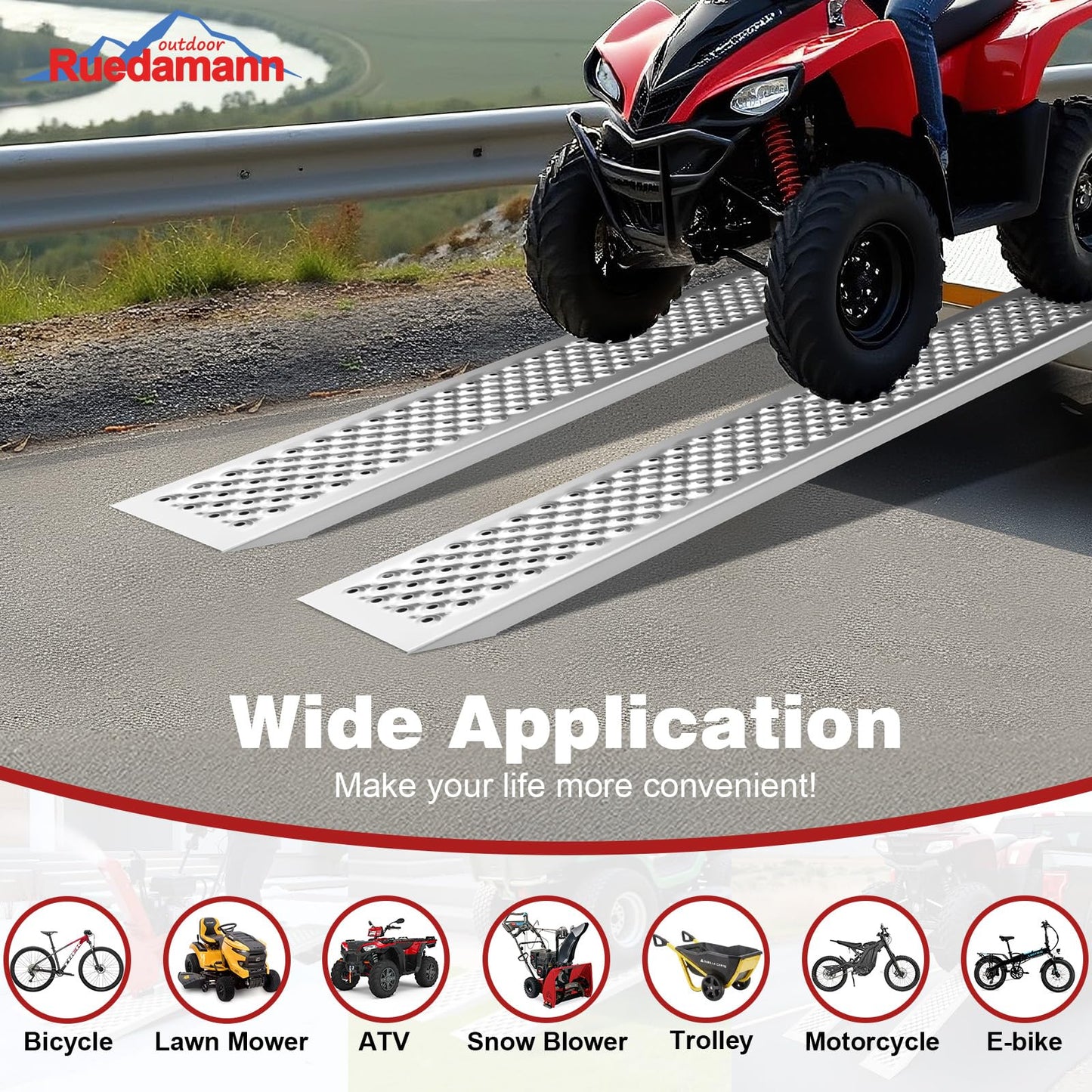 Ruedamann 2PCS 5FT Aluminum Shed Ramps, Rust Proof, Heavy Duty 880 lbs Capacity, 9'' Wide Loading Ramps for Lawn Mower, UTV, ATV Ramp for Trailer, Shed Ramp for Trailers, Riding Mowers, Motorcycles