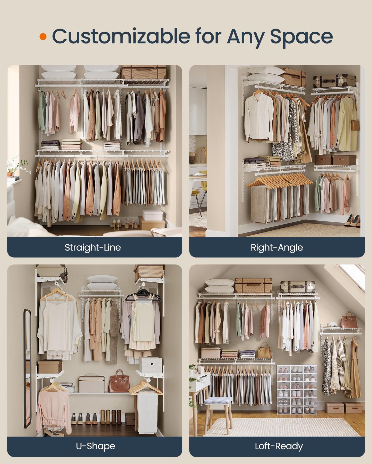 SONGMICS HOME Closet System, Closet Insert Organizer, 4-6 ft, Adjustable Metal Shelving Unit with 6 Hanging Rods, 6 Shelves, and Hooks, for Pantry Mudroom Garage Basement, Cloud White URGR032W01