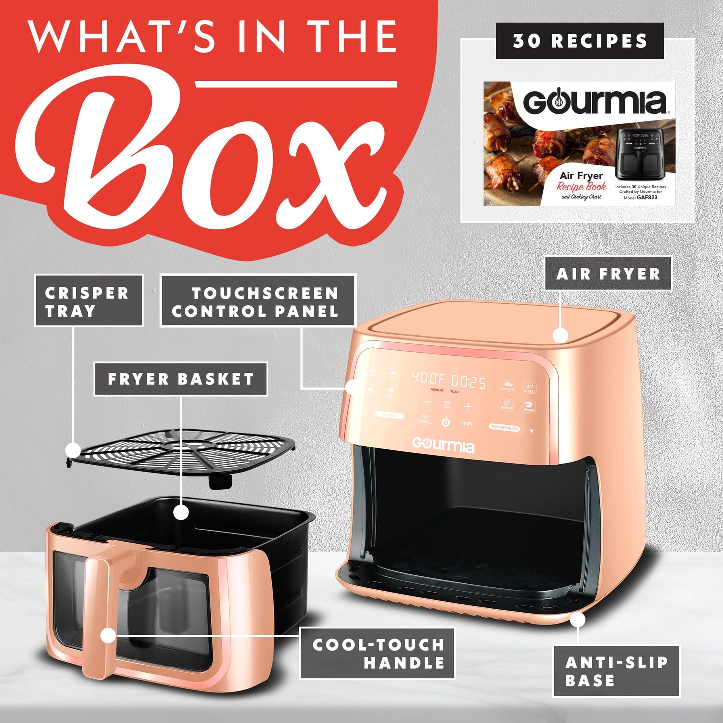Gourmia 8 Qt Air Fryer, 8 Presets with Digital Display, FryForce 360° Technology, Easy View Window & Interior Light, Dishwasher Safe Basket, Peach