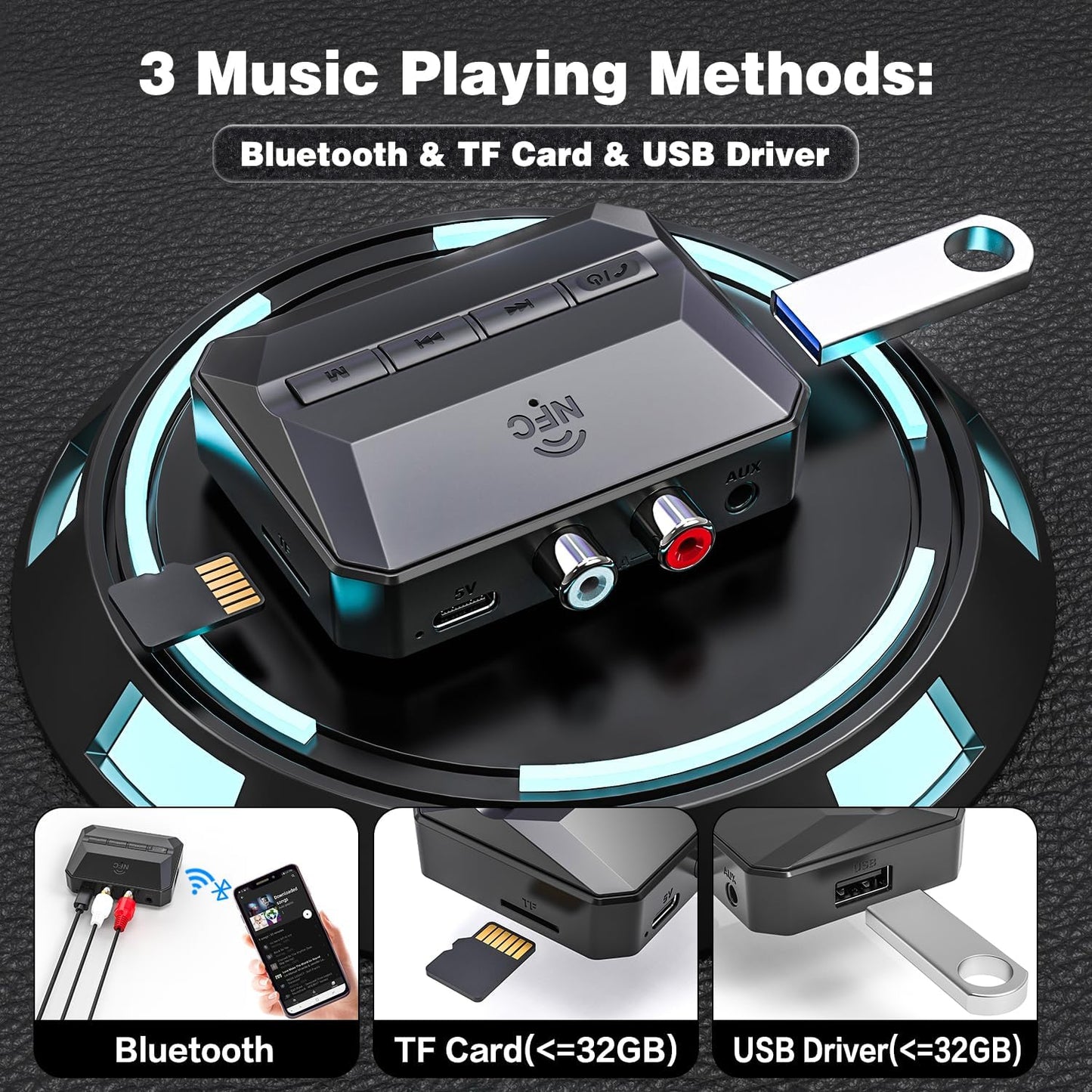 BAISHUN RCA/3.5mm 5.3, Bluetooth Receiver, NFC-Enabled AUX USB Drive/TF Card Outputs, Wireless Audio Adapter