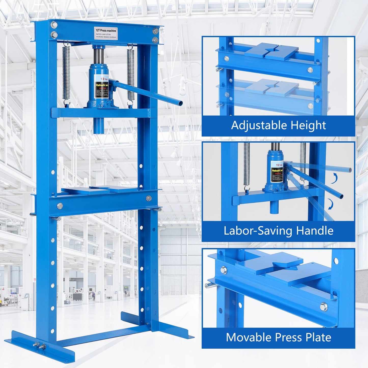 Hydraulic Press, Heavy Duty 12 Ton H-Frame Garage Hydraulic Shop Press, Adjustable Worktable & Plates, for Metal Bending, Straightening