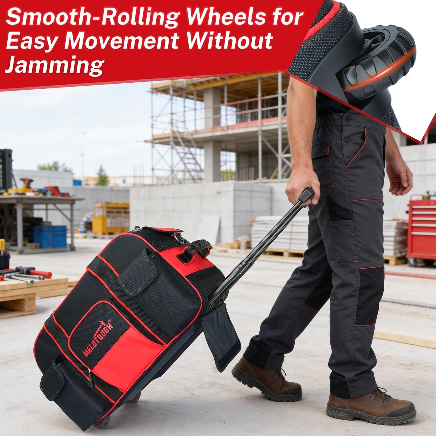 MELOTOUGH Heavy Duty Framing Nail Gun Tool Bag with Extra Storage Pockets Shoulder Strap, Rolling Tool Bag with Wheels, Concealed Telescoping Handle, Multi-Pocket Organizer