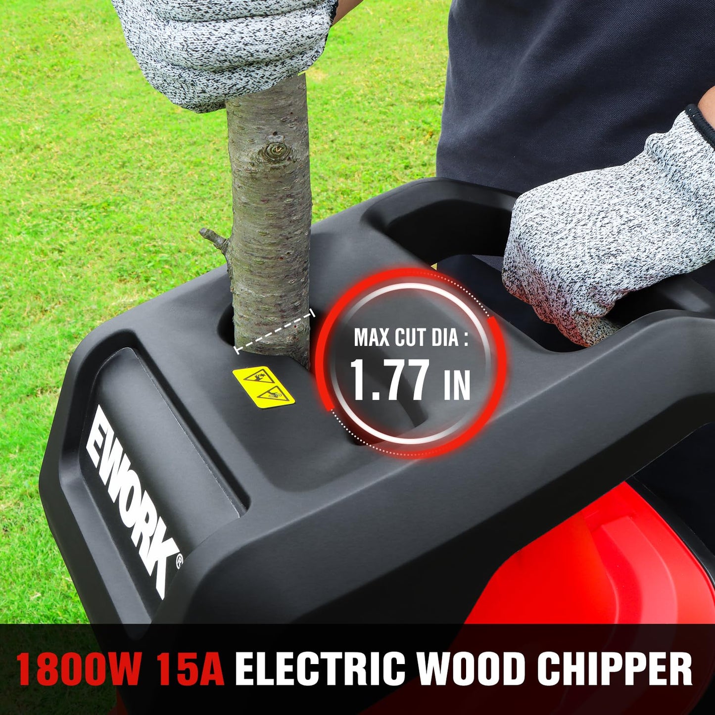 EWORK 15-Amp Electric Wood Chipper Shredder, 15:1 High Reduction Ratio with 4 Steel Blades Included, 1.77 Inch Capacity, Garden Mulcher for Composting Branches and Twigs
