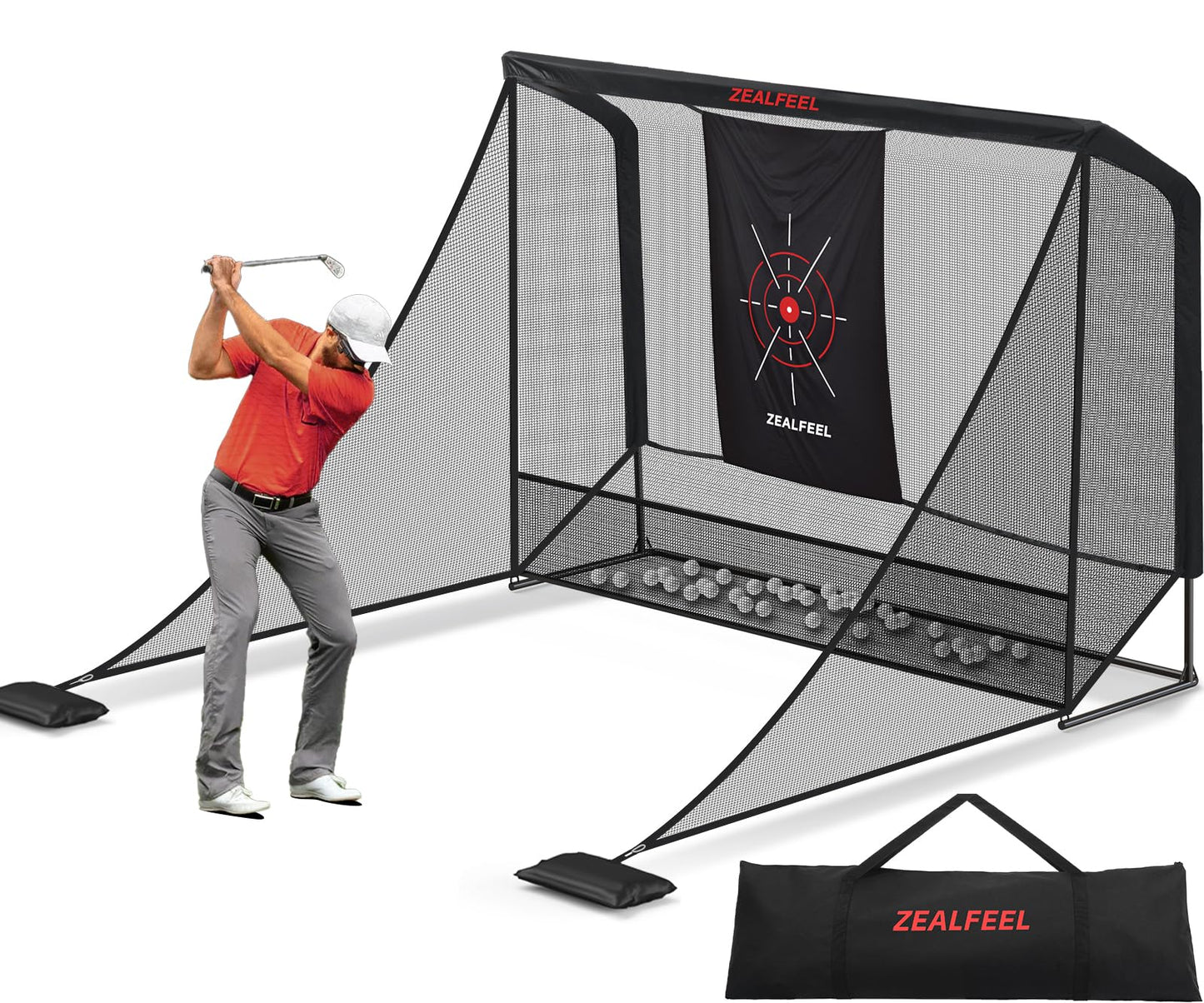 Zealfeel Golf Net, 10x7ft Golf Simulator Enclosure Net with Side Barriers, Low-Noise Silk Target, Carry Bag, 2 Sand Bags, 4 Stakes, Hiting Net for Backyard Driving Chipping Indoor Outdoor Use