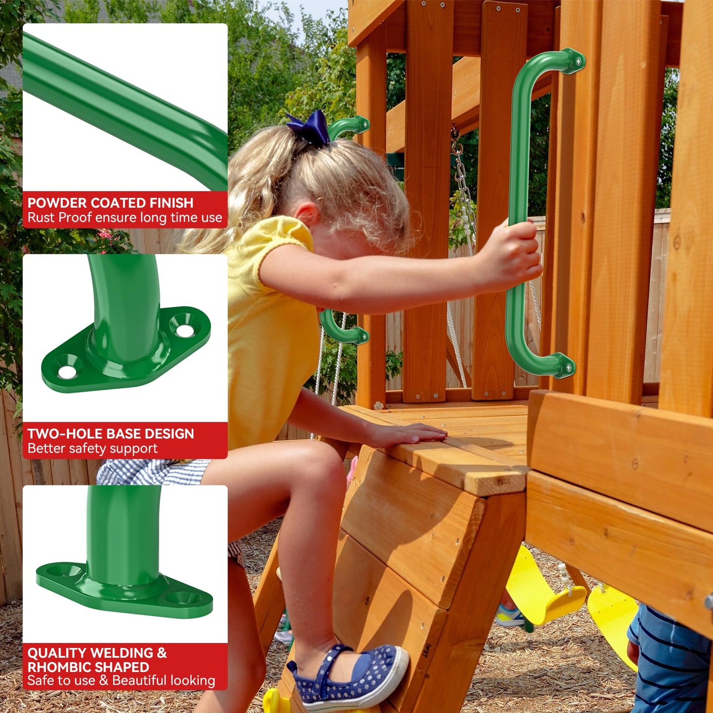 SUNSHINE FARMRE 17.3 Inch Safety Playground Handles Metal Indoor Outdoor Climbing Monkey Bars Swing Set Accessories Grab Handle Playset Hand Grips for Playhouse, Treehouse, Jungle Gym (Green, 6 Pack)