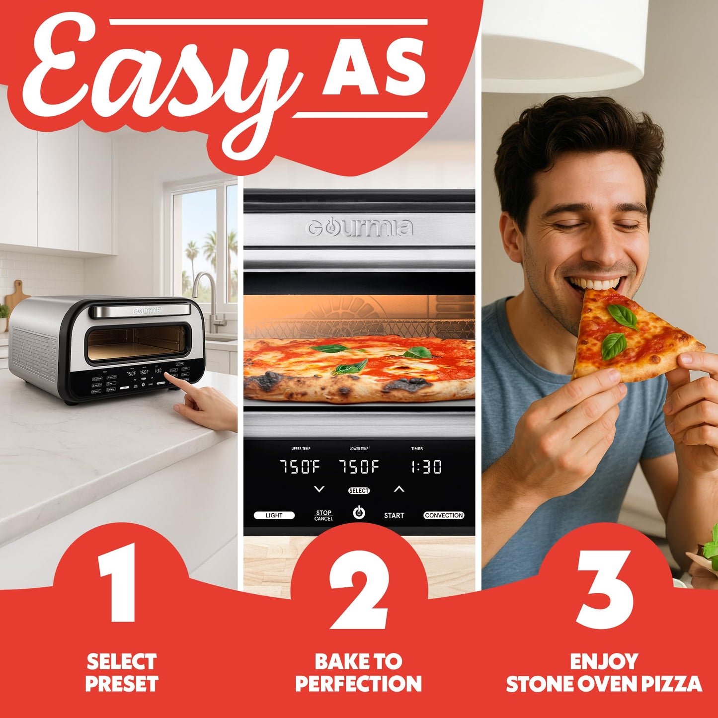 Gourmia Indoor Pizza Oven Air Fryer Toaster – 1800W Countertop Multi-Cooker with Pizza Stone, Digital Controls & 6 Presets, Stainless Steel
