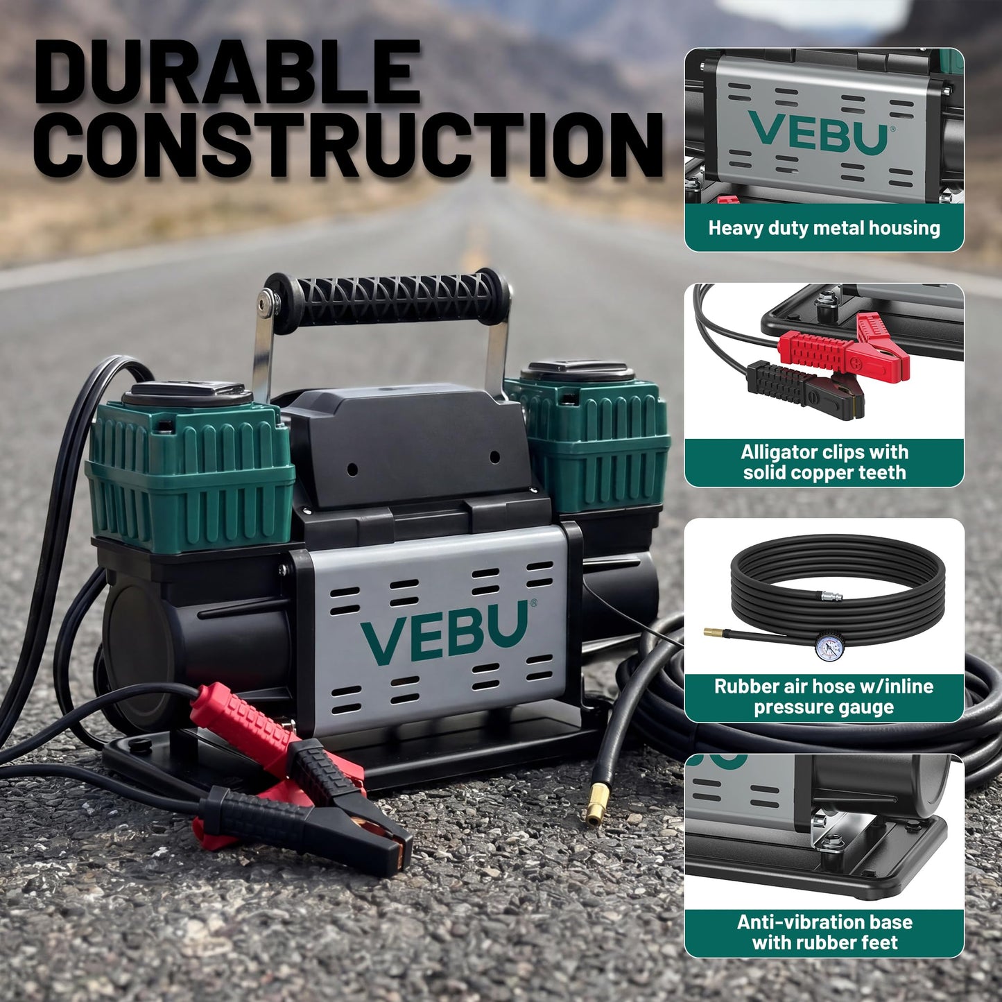 VEBU Heavy Duty Air Compressor 12V Tire Inflator, Dual Cylinder 125PSI with In-line Pressure Gauge, 10.6CFM Fast Inflation for Off-road Vehicles, Trucks, SUVs, RVs, ATVs, DC Power, Corded Electric