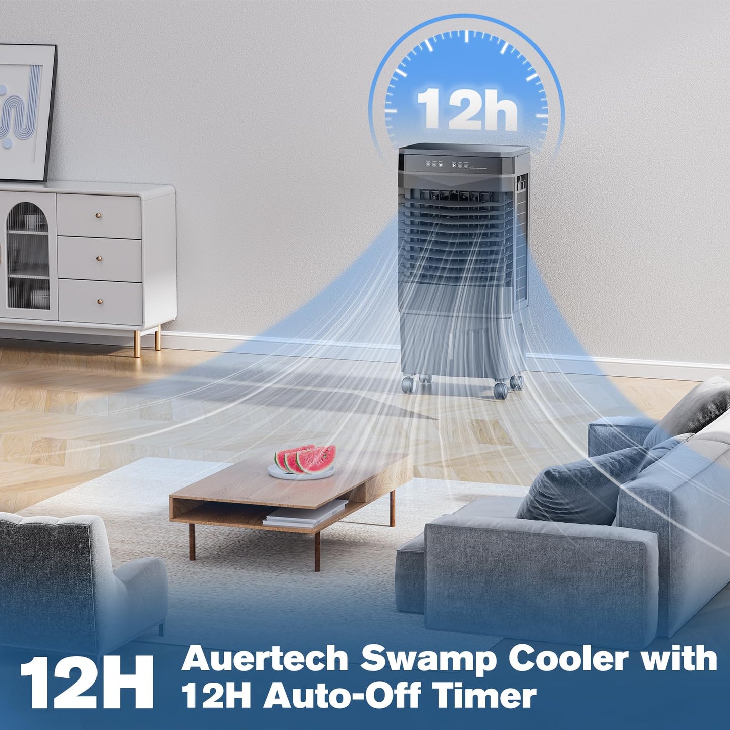 Auertech 5.5 Gal Swamp Cooler, 1800 CFM Evaporative Air Cooler with 3 Speeds, 12H Timer, 120°Oscillation, Windowless Room Cooling Fan with 4 Ice Packs, Portable Air Cooler for Indoor, Garage, Bedroom