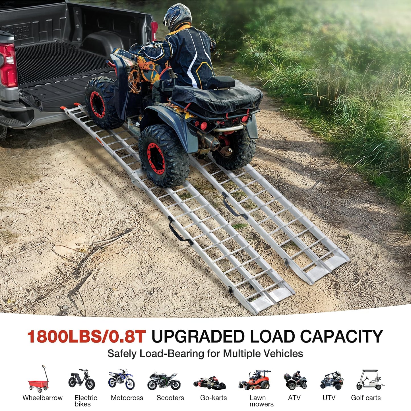 WheelX Aluminum Folding Loading Ramps, 1800 lbs Capacity Truck Ramps for Pickup Trucks Bed, Trailers Ramp with Load Straps for ATV/UTV, Motorcycles, Lawn Mowers, Golf Carts, 2Pcs, 90" L x 12" W