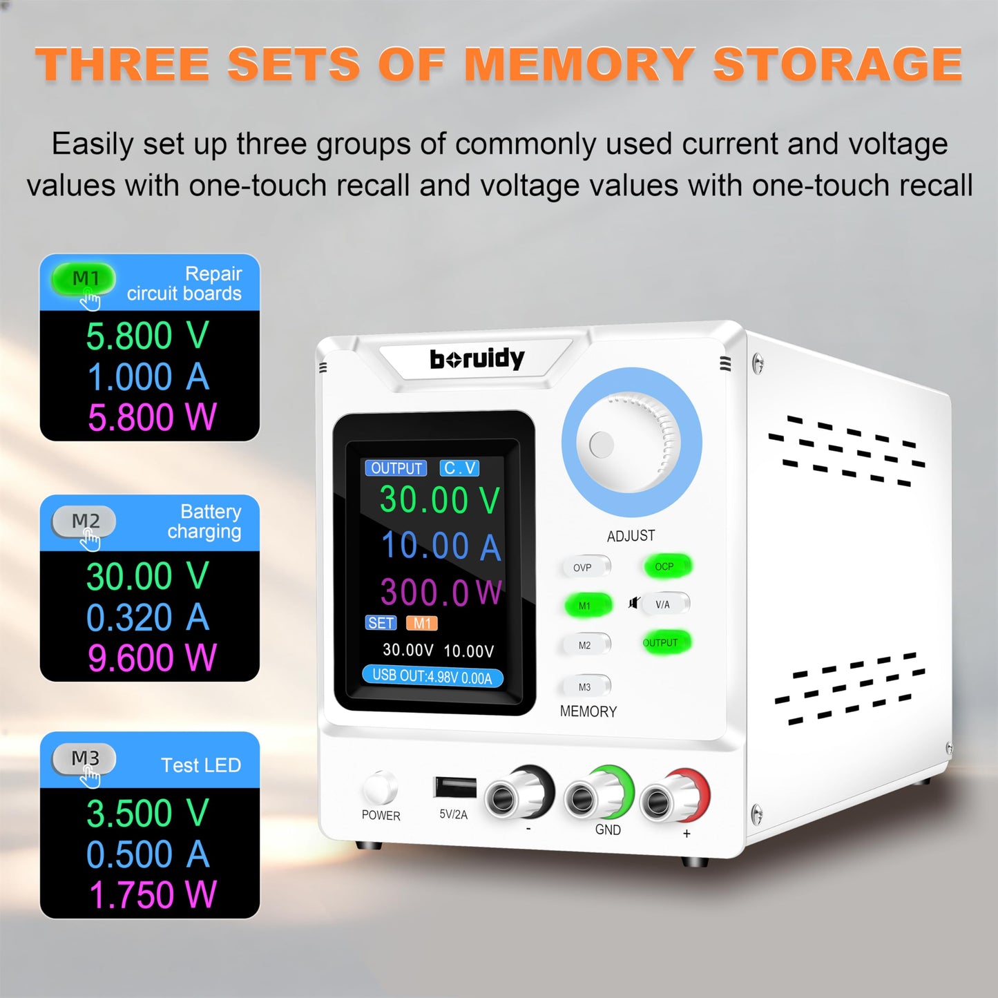 DC Power Supply Variable 30V 10A,boruidy 300W Encoder Adjustable Switching Regulated High Precision 4-Digits TFT Display 5V/2A USB Port Bench Lab Power Supplies with OCP OVP Output Memory Button