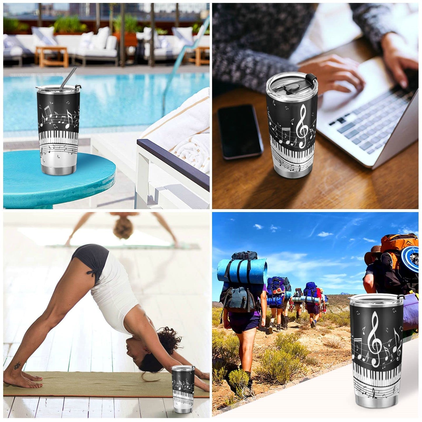 Selerdon 20 oz Piano Keys Music Note Insulated Tumbler Coffee Mug Double Wall Vacuum Travel Mug with Straw and Lid Stainless Steel