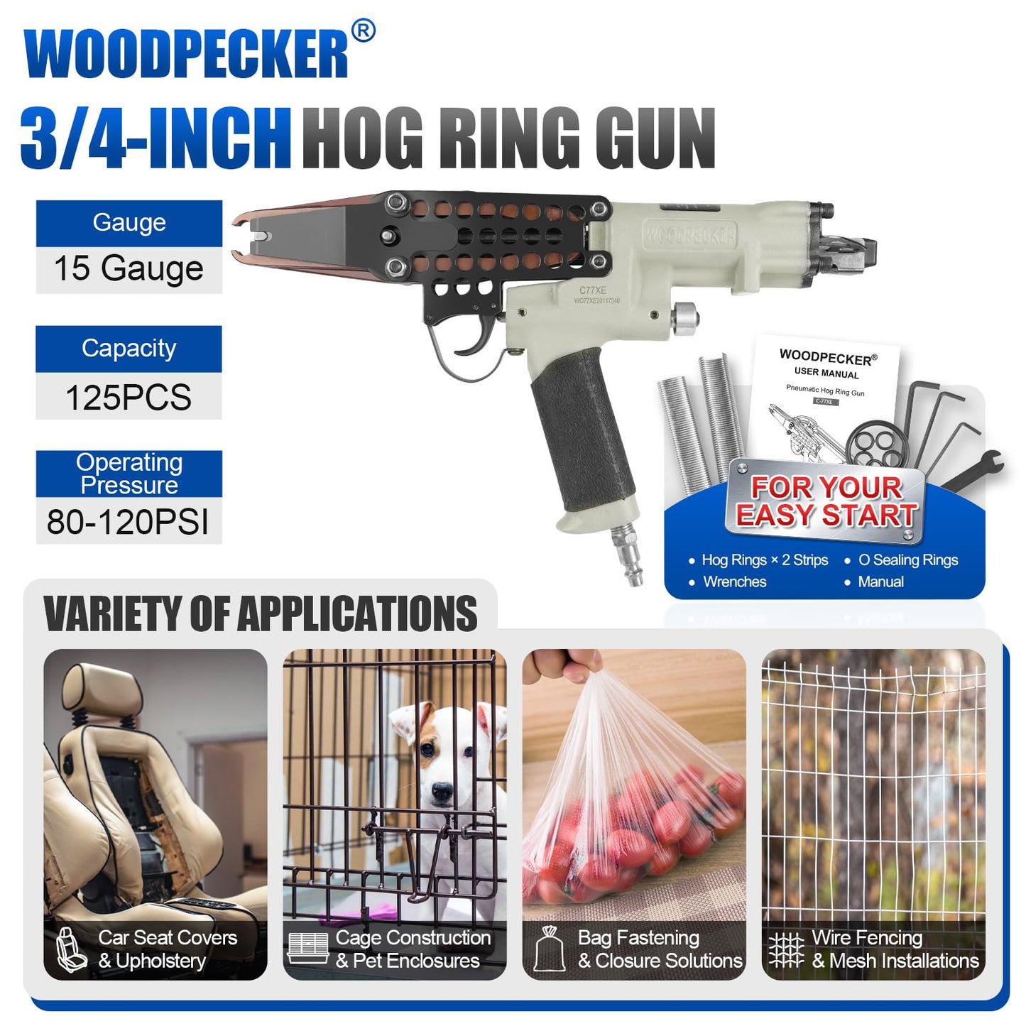 WOODPECKER C-77XE Air Hog Ring Gun with Extra Long Extended Nose, 15 Gauge, 3/4'' Crown, 8.0mm Closure Diameter, Pneumatic Hog Ring Plier Automatic C Ring Tool for Wire Cages, Car Seat