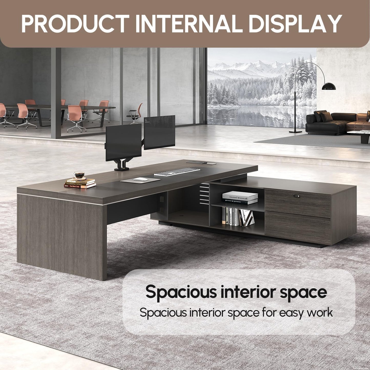 ZIMASYA 87" Reversible L-Shaped Executive Desk with Drawers, Storage Cabinet, Built-in Power Hub & Privacy Panel, Obsidian Grey & Mocha Walnut