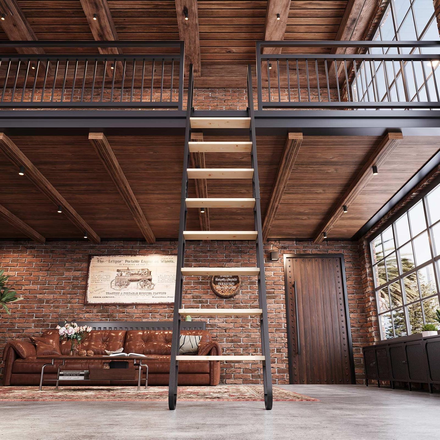 10.35FT Industrial Style Loft Ladder, 8 Steps with Black Steel Handrails & Solid Wood Steps, 450lbs Capacity, Fits 8.2-9FT Installation Height,for Attic, Kitchen, Warehouse, Bookshelf& Outdoor