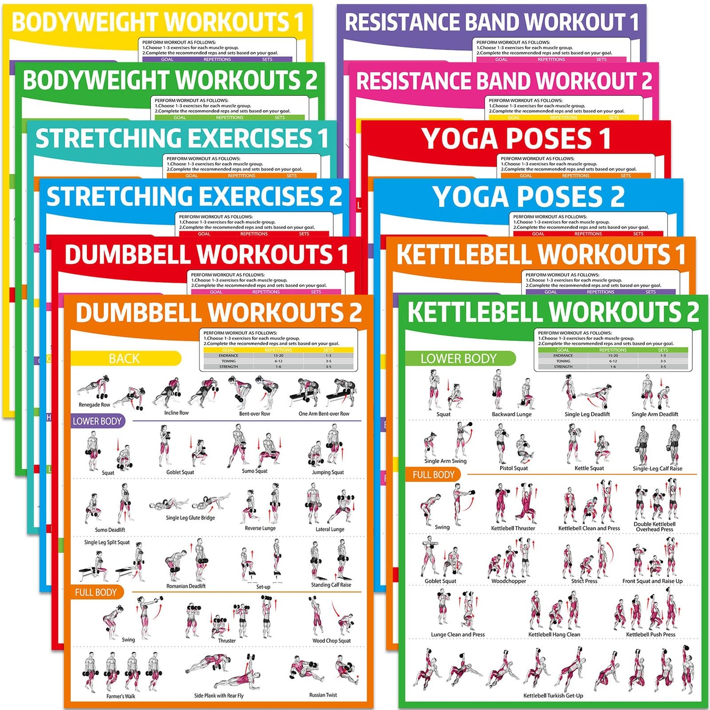 gisgfim 12PCS Workout Posters for Home Gym Dumbbells, Bodyweight, Stretching, Resistance Bands, Yoga, Kettlebells Exercise Chart Full Body Workout Poster Set Muscle Engagement Chart Garage Gym Decor