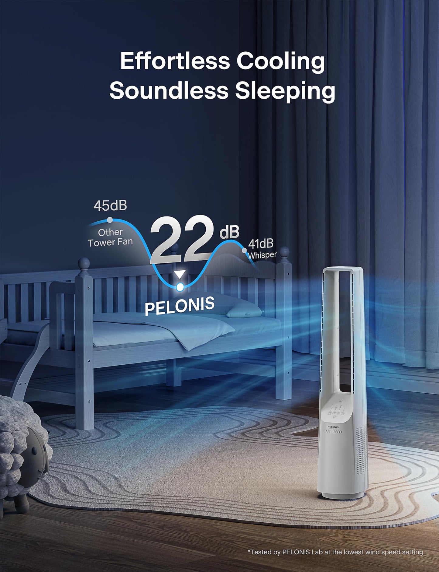 PELONIS Bladeless Tower Fan with 26-33ft Powerful Airflow, Alexa and Google Compatible, 6-Speed Settings, Quiet DC Motor, 120° Oscillation, 7-Hour Timer - Ideal for for Bedroom Home Office Use,White
