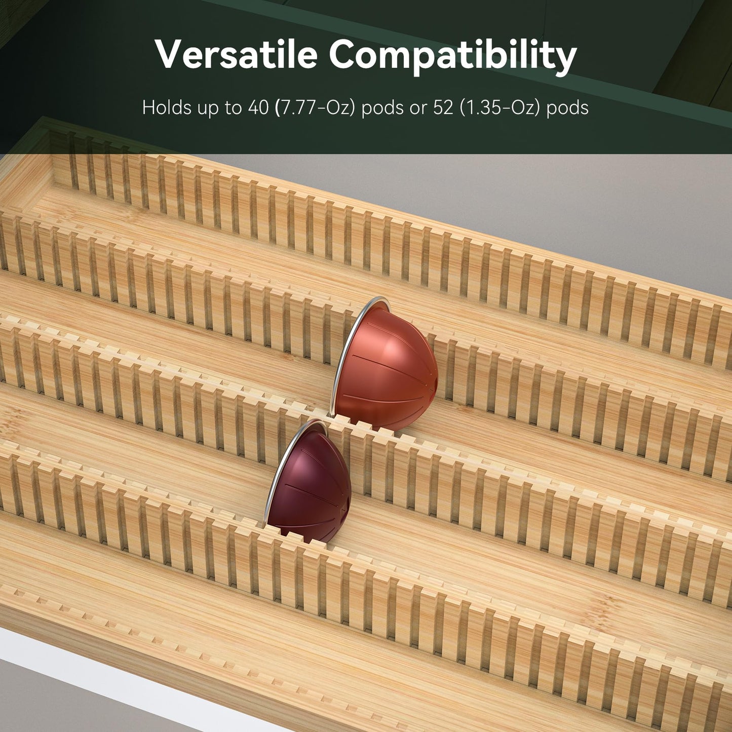 WELL WENG for Nespresso Vertuo Capsules - Premium Bamboo Coffee Pod Drawer Insert Organizer for Counter 15"Dx10"Wx1.5"H (40 Big or 52 Small pods)