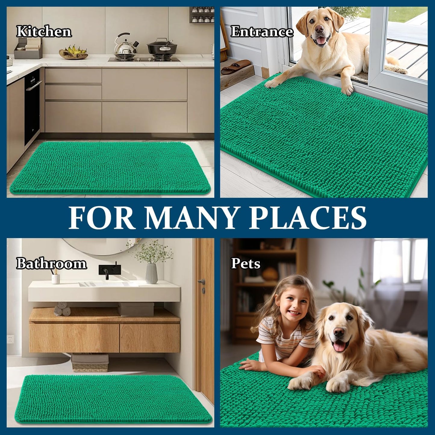 OLANLY Dog Door Mat - Absorbent Non-Slip Washable Doormat for Muddy Paws | 36x24 Emerald Green