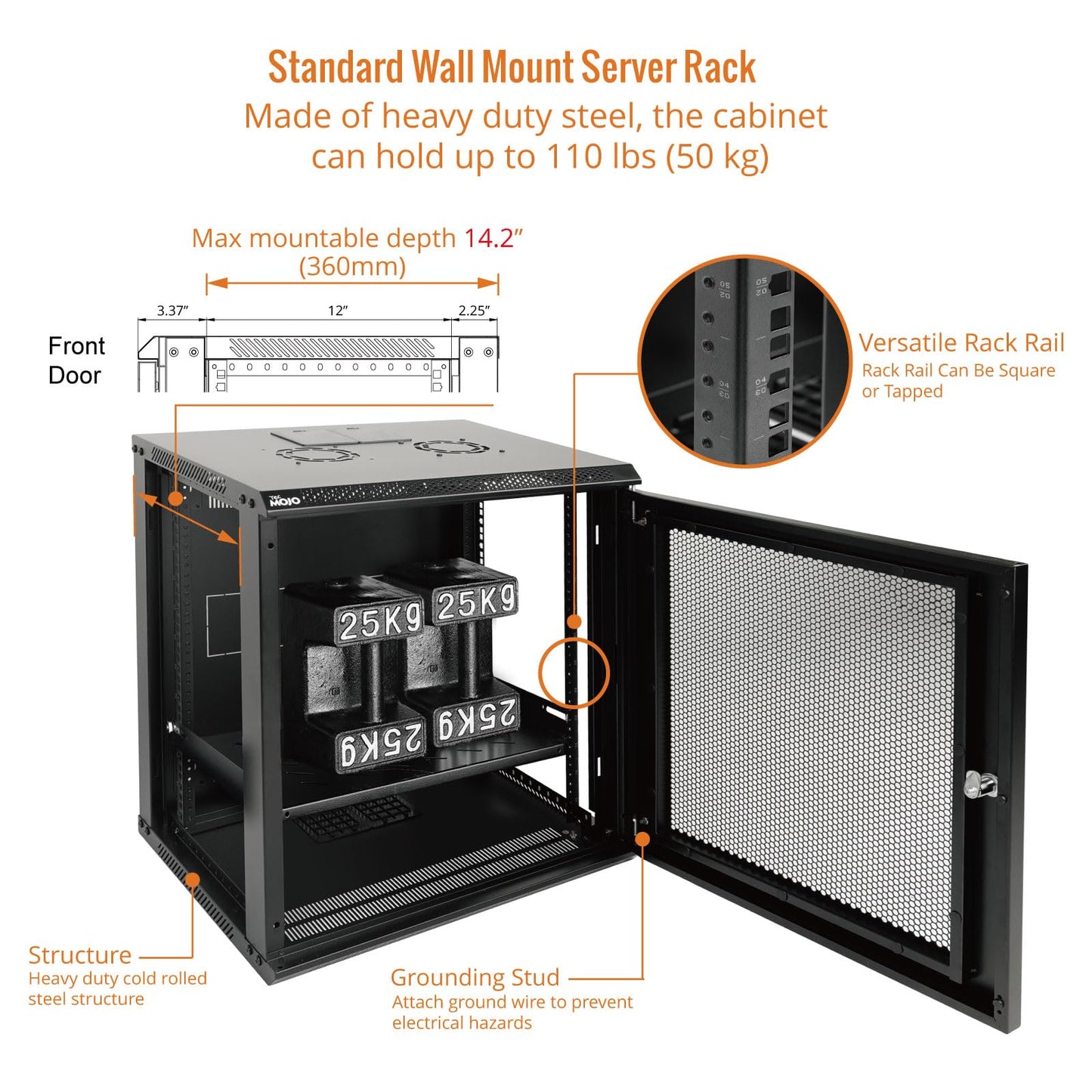 Tecmojo 12U Wall Mount Rack Network Cabinet for 19” IT Equipment,with Lockable Mesh Door and Removable Side Panels,Cooling Fan,Black,17.7inch Deep