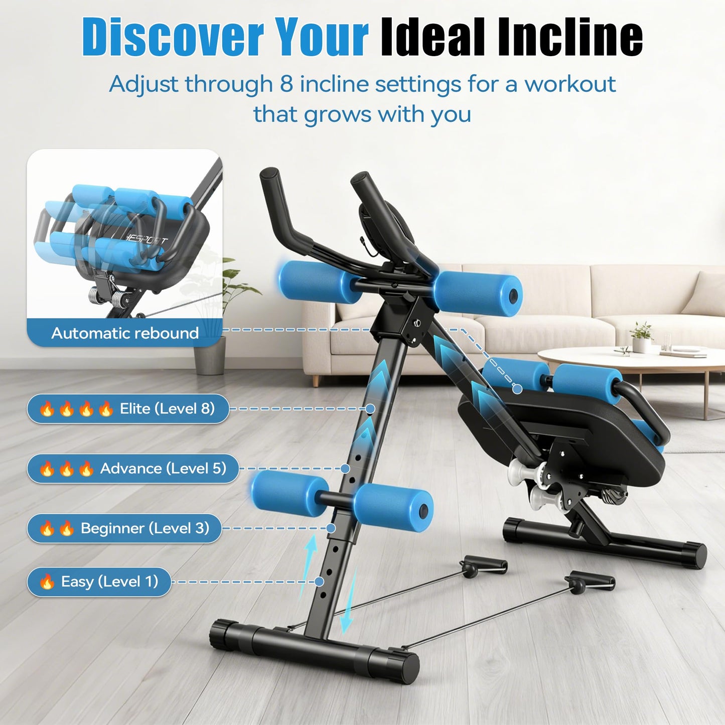 EPHESPORT Multifunctional Ab Machine, Adjustable Ab Workout Equipment, Ab ＆ Sit Up Machine for Stomach Workout, Foldable Abdominal Trainer With Knee and Back Protection, Full Body Workout for Home Gym (Blue)