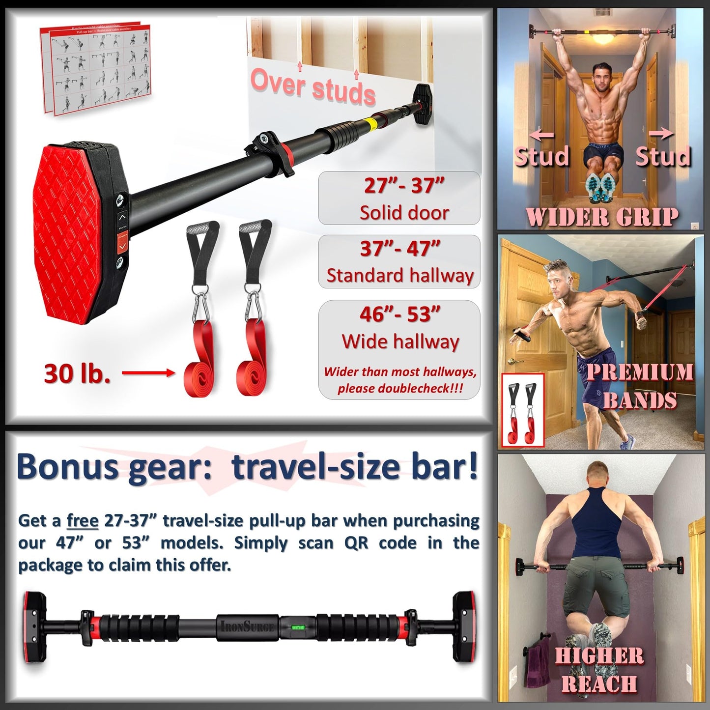 IRONSURGE Pull Up Bar for Doorway 6-piece Set with Two Attachable Resistance Bands, Training Manual, Door frame Chin Up Bar, and Two Angled Supports For Home Gym Workout, No Screws, Max 680lbs,