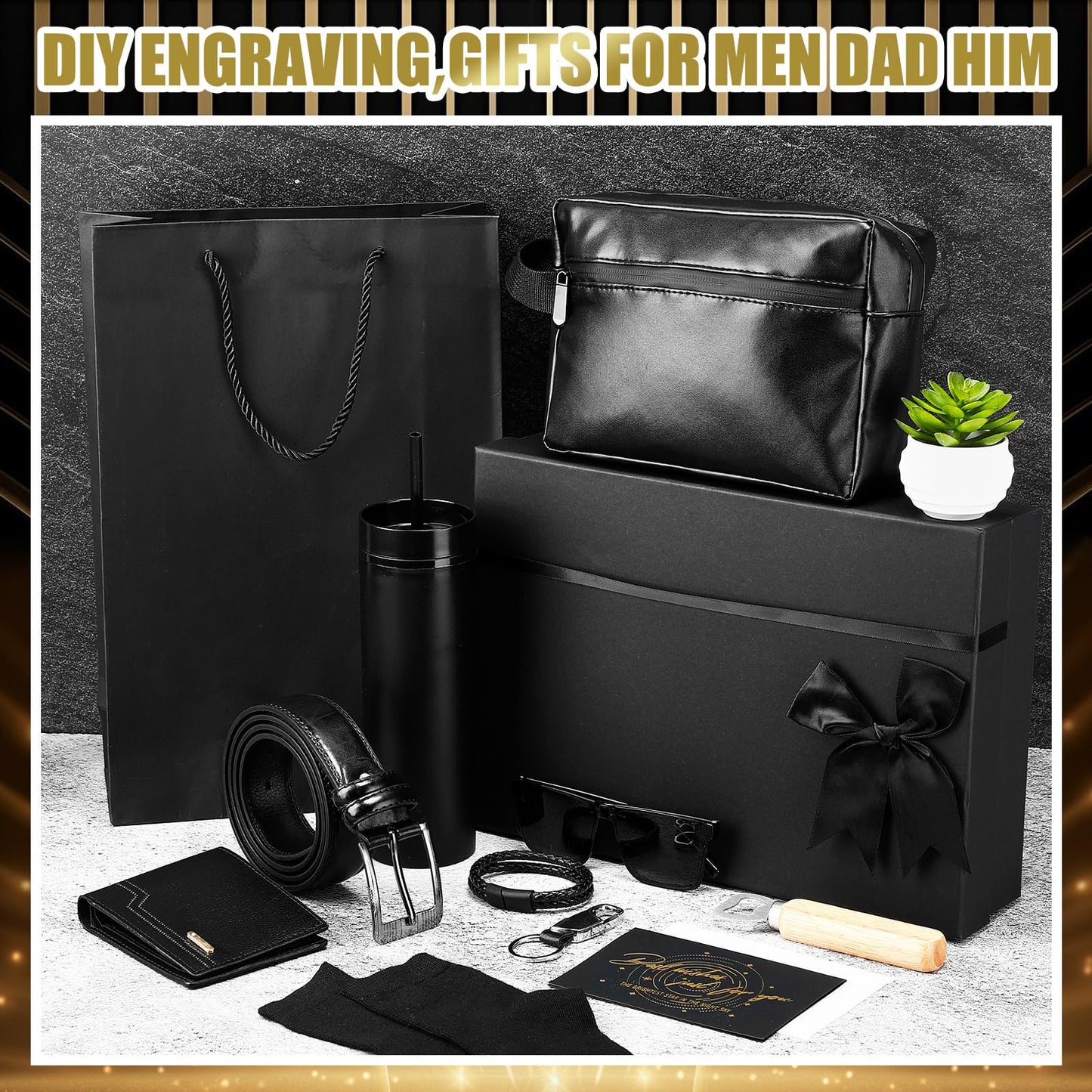 Skylety 13 Pcs Birthday Gifts Baskets for Men Father Gift for Men Birthday Gift Box 16 oz Tumblers Wallet Toiletry Bag Sock Bottle Opener Belt Bracelet Glasses Keychain for Father's Day Dad Husband