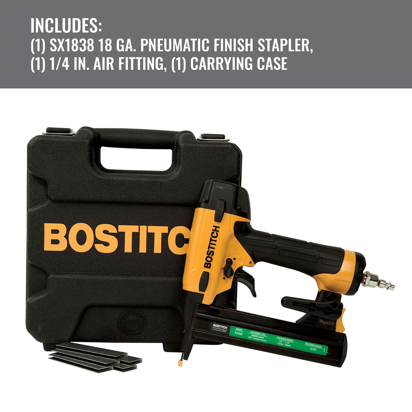 BOSTITCH Finish Nailer Kit, 16GA, Smart Point, Pneumatic with Crown Stapler, Narrow, 18GA (BTFP71917 & SX1838K)
