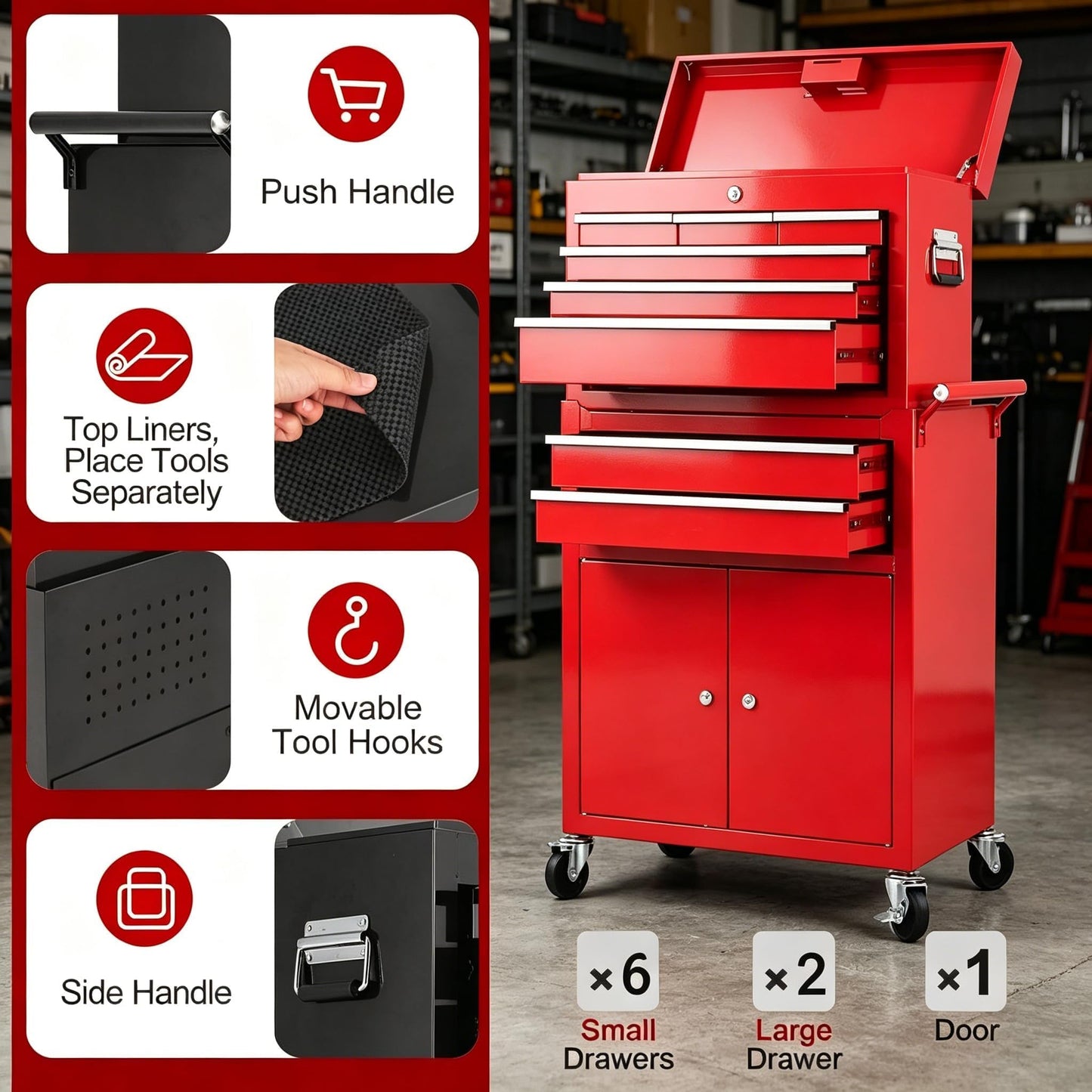 Rolling Tool Chest with Wheels, 24 Inch 8 Drawer 2-in-1 Detachable Tool Box and Cabinet, Lockable Cold Rolled Steel Tool Storage Organizer, Top 6 Drawers Bottom Cabinet 2 Drawers 1 Door, Red