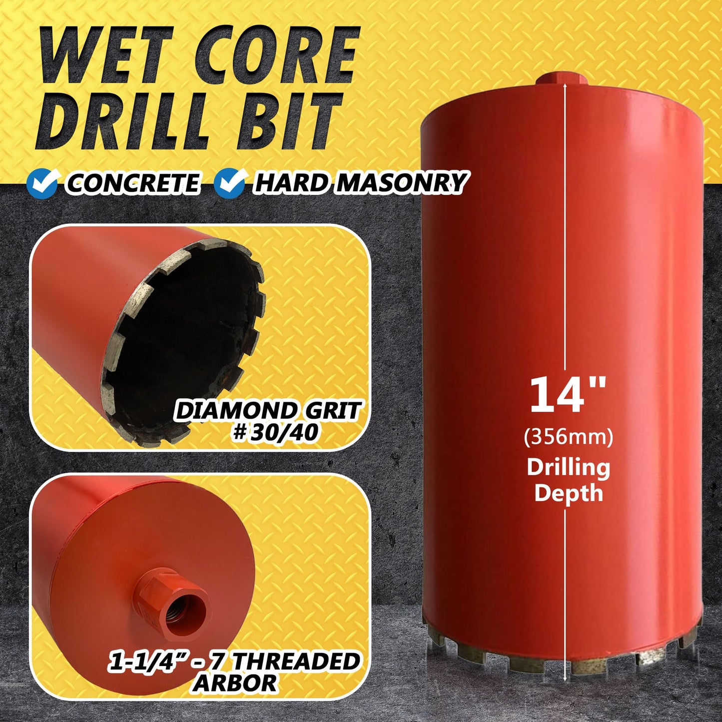 10" Wet Drill Core Bits for Concrete and Hard Masonry, 10mm Segment Height, 14" Drilling Depth, 1-1/4"-7 Arbor, Wet Only