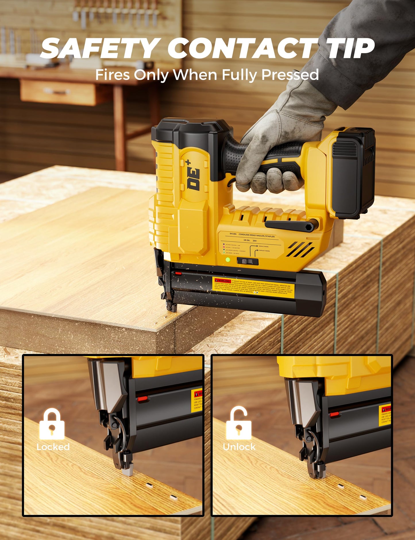 DeForce 18GA Cordless Brad Nailer, 2" Nail Gun for Dewalt 20V Max Battery, 2 IN 1 Electric Stapler, 2026 Upgraded Tool-Free Jam Release, 2 Modes, Adjustable Depth, 1000pcs Nails(No Battery), Yellow
