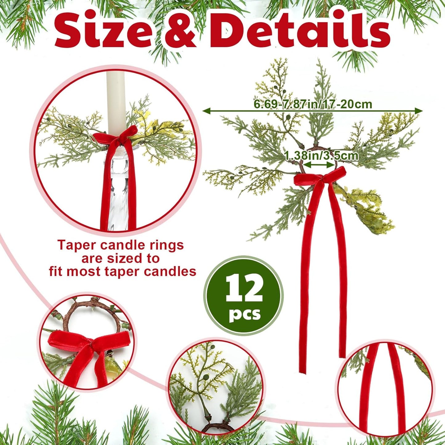 Suncalla Christmas Pine Taper Candle Rings - 12 Pcs Velvet Bow Mini Holders | 1.38 Inch Burgundy Decor