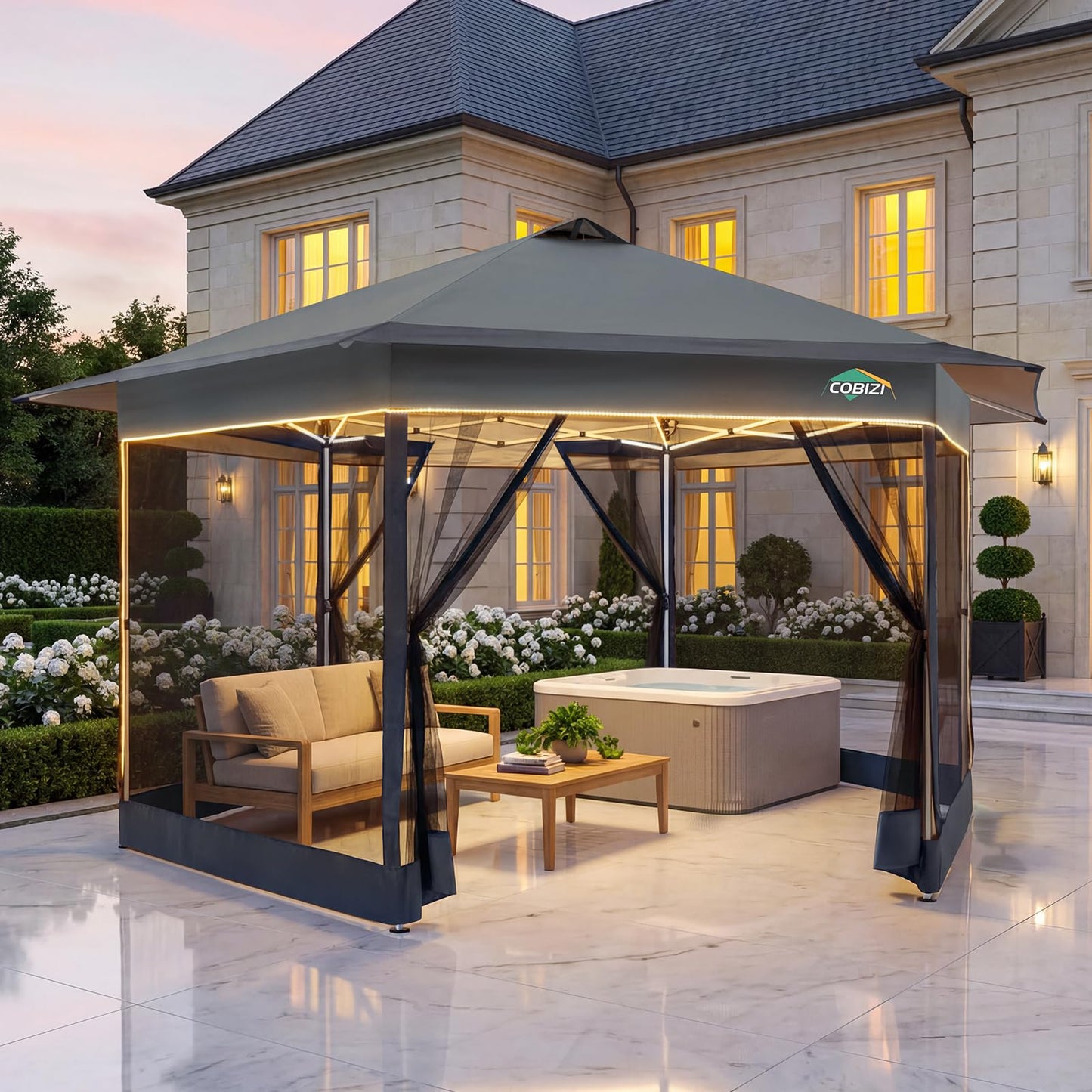COBIZI 16x16 Pop up Gazebo on Clearance, Hexagonal Outdoor Canopy Tent with Mosquito Netting, Adjustable Height and 256 Square ft of Shade for Party, Backyard, Gardens with Vented Top（Dark Gray）
