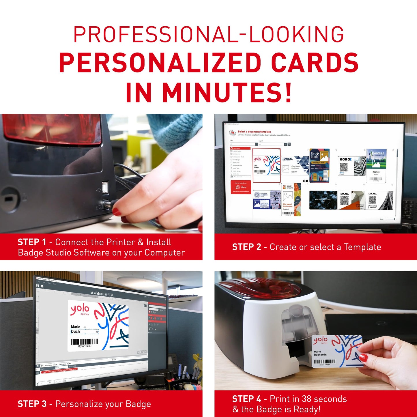 Badgy200 Plastic Card Printer with Badge Studio+ ID design software for full color, custom, tamper proof ID badges in seconds