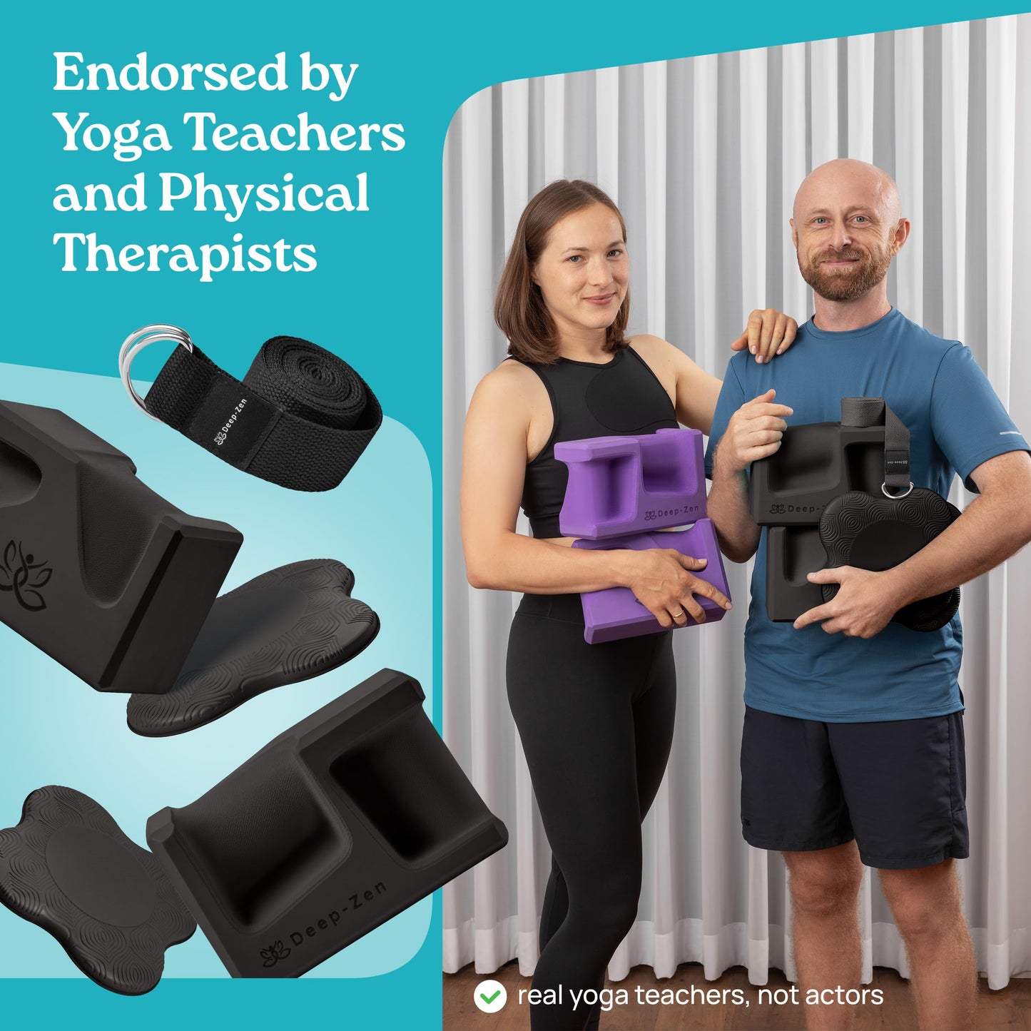 Deep-Zen PRO Yoga Blocks | Ergonomic Yoga Block 2 Pack for Wrist Comfort and Support | EVA Foam Exercise Blocks, 2x Knee Pads & Yoga Strap | Pilates Block Set | Bricks to Eliminate Wrist Pain, Black