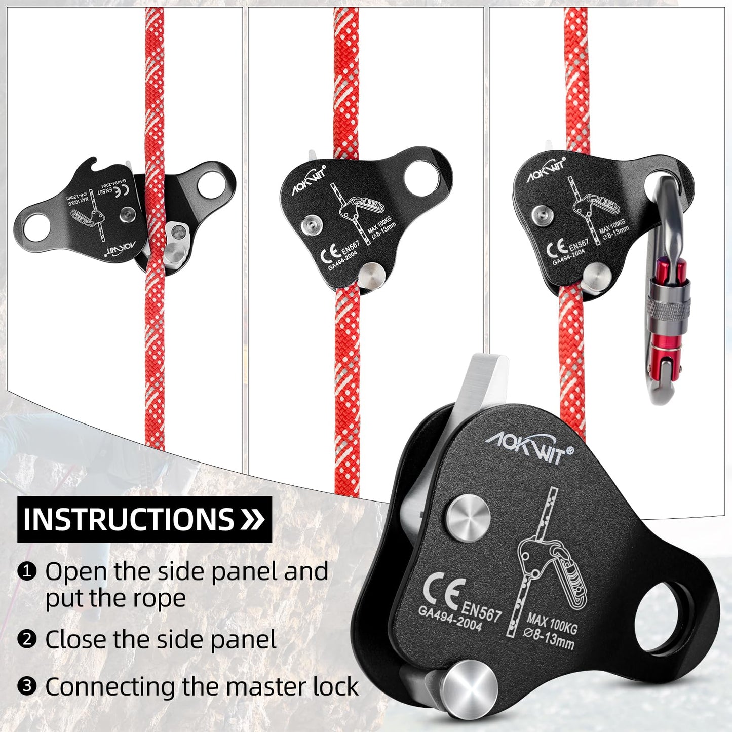AOKWIT Climbing Ascender Fall Protection Belay Device Climbing Rope Grab for Rock Climbing Mountaineering Tree Arborist Expedition Caving Rescue Aerial Work (Black)