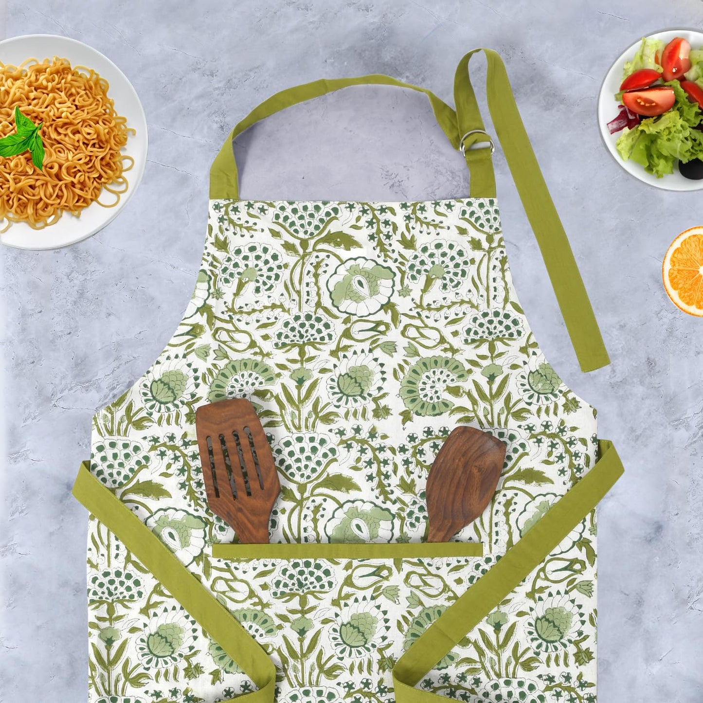 CPC Agate Green 100% Cotton Block Print Kitchen Apron with an Adjustable Neck with Long Ties for Women Men Chef-Handmade Cooking Apron Gift For Spring, Mother's Day
