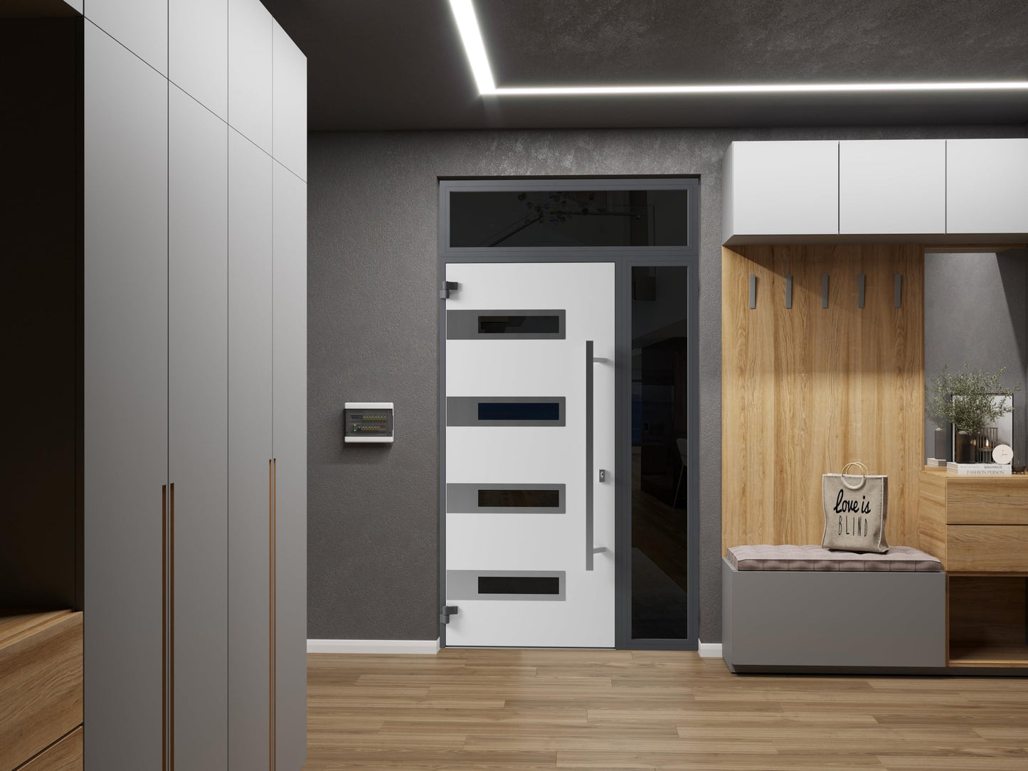 Front Exterior Prehung Steel Door/Ronex 0131 Black Enamel/Side and Top Exterior Window Sidelite/Stainless Inserts Entry Metal Modern Painted W36+12" x H80+16" Right Hand Inswing