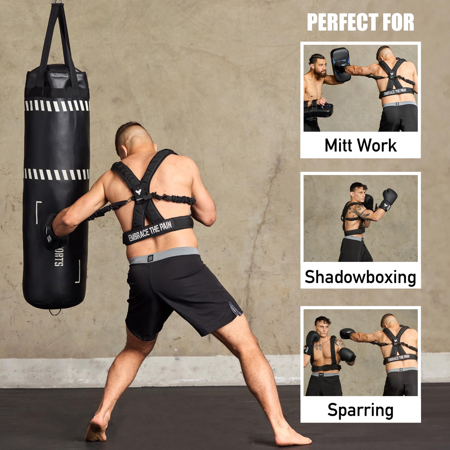 Elite Sports Adult Boxing Harness with 12oz Gloves – Adjustable Resistance Bands (3 Levels), Stability Strap, Padded Back & Shoulder, Ballistic Nylon, Quick-Release Buckle – Training & Workout Gear