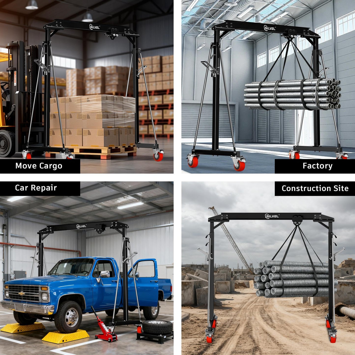 SILVEL Gantry Crane 1 Ton MAX3000LBS, Adjustable Height 8.53 to 12.47ft with Triangle Base, Portable I-Beam Hoist for Factory, Warehouse, Auto Repair & Construction, Black