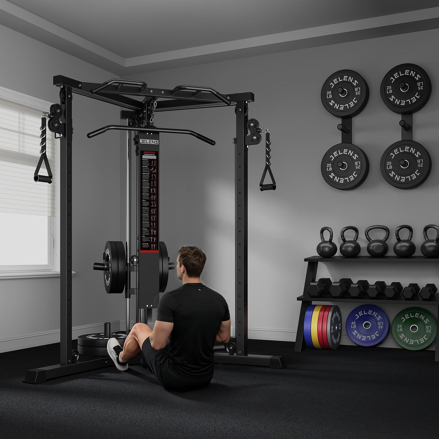 JELENS CC01 Fitness Cable Crossover Machine with High and Low Pulley System, Functional Trainer with with Pull Up Bars and Optional Bundle (Black, CC01 Cable Crossover Machine)