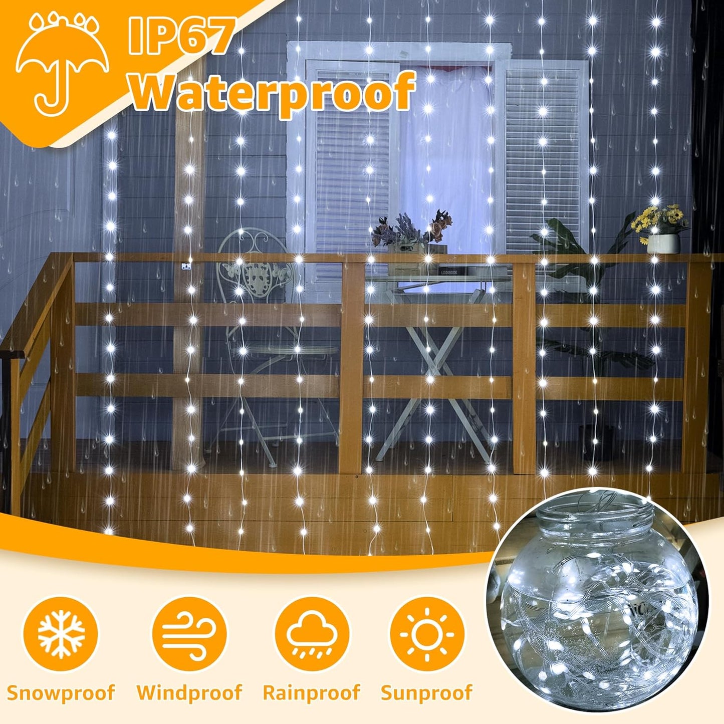Ollny Curtain Lights - 300 LED Waterproof Outdoor Fairy Lights | 9.8ft x 9.8ft with Remote & 8 Modes