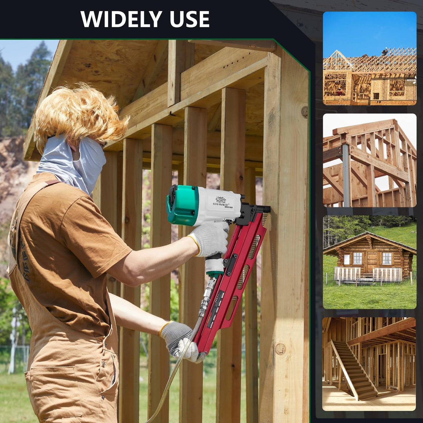 High Speed Mexican Style NR2183 21 Degree Aluminum Magazine Framing Nailer, Pneumatic Framing nail gun, 2-Inch up to 3-1/4-Inch Plastic Collated Full Head Framing Nails, Framing, Wooden House Building