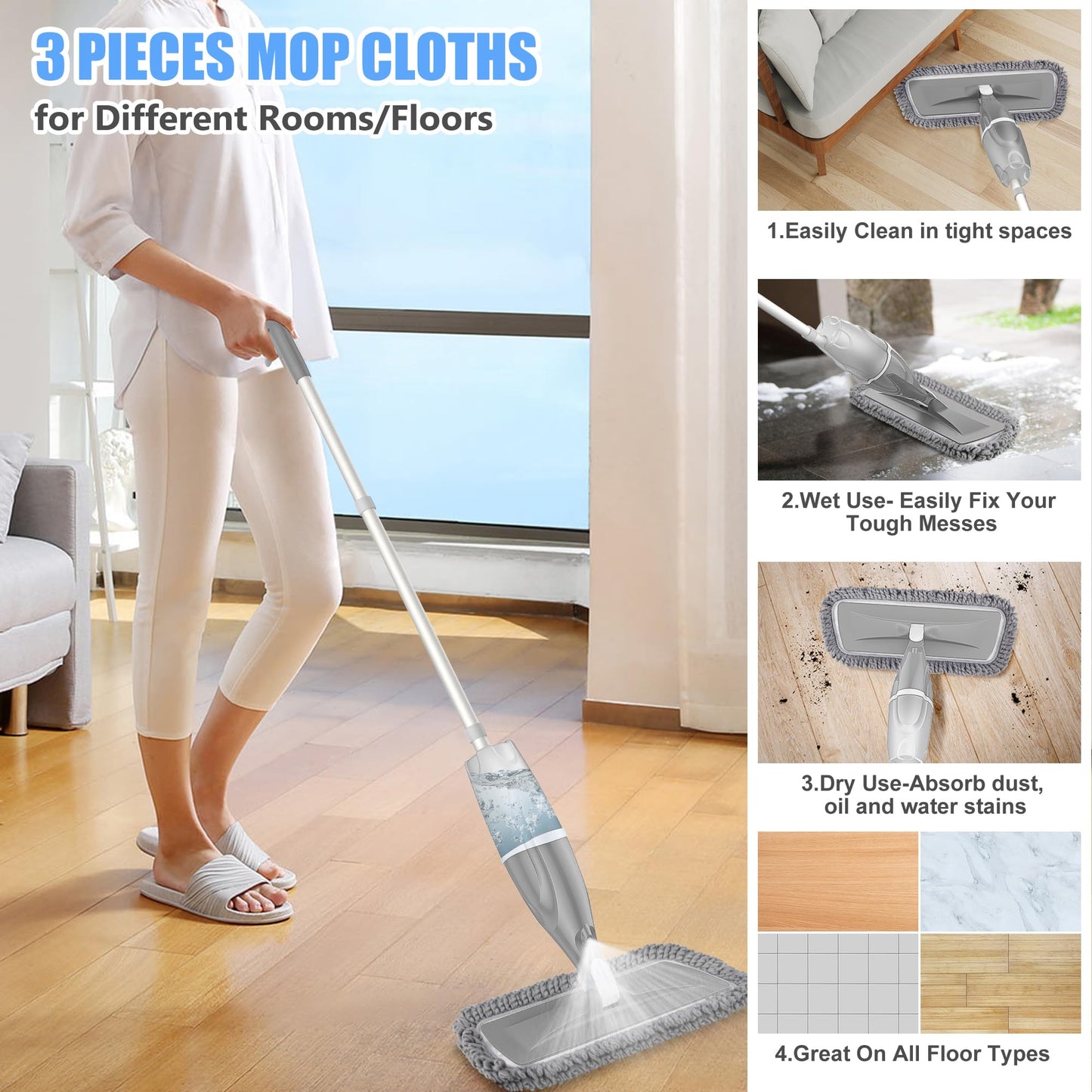 Microfiber Spray Mops for Floors Cleaning: EXEGO Dust Wet Mop with 3 Washable Reusable Pads for Swiffer Powermop &1 Refillable Bottle - Flat Floor Mop for Hardwood Laminate Ceramic Tiles Vinyl Wood