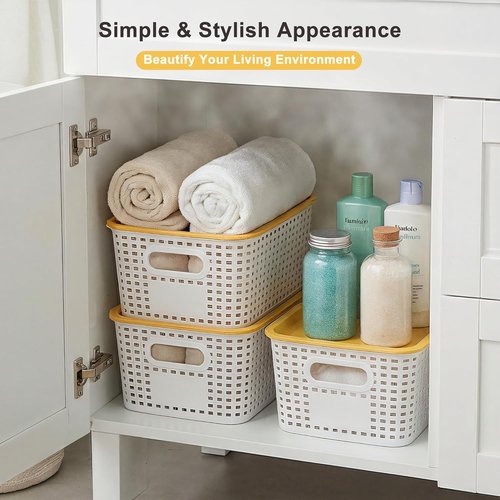 AREYZIN 6-Pack Plastic Storage Bins - Stackable Organizing Baskets with Lids | Small 10.2x7.2x4.1 Inch, White