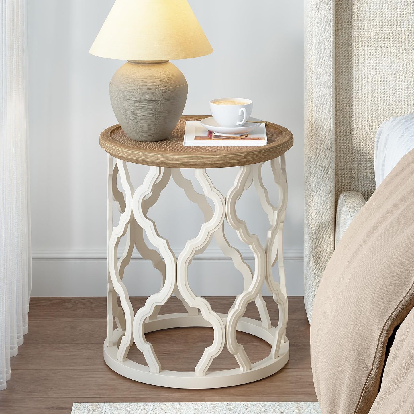 karlott Farmhouse End Table, 18.5'' French Country Round Side Table, Distressed Tray Top Side Table with Curved Motif Frame Base for Boho, End Tables Living Room, Bedroom, Small Space, Cream Beige