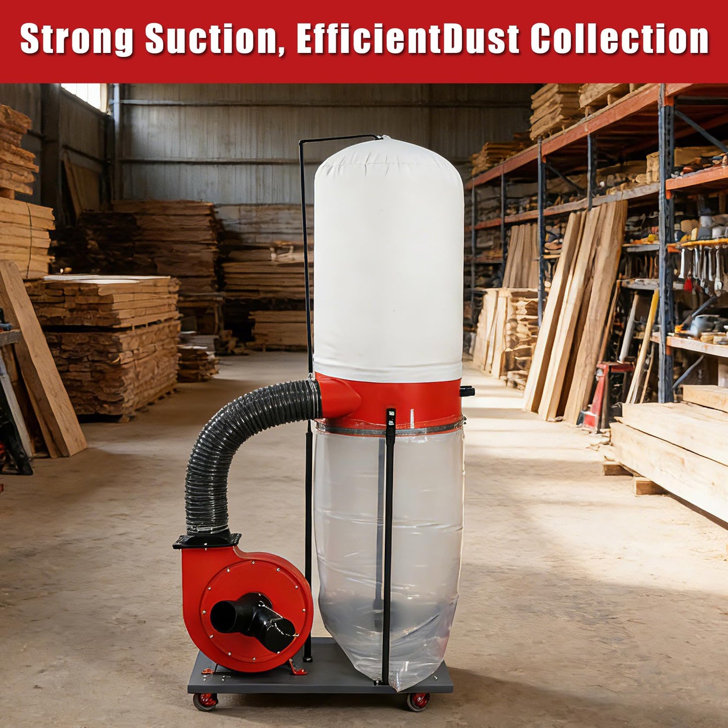 1500W Vertical Industrial Dust Collector with 50-Gallon Collection Bag and Mobile Base, Heavy-Duty Workshop Cleaner for Carpentry and Woodworking