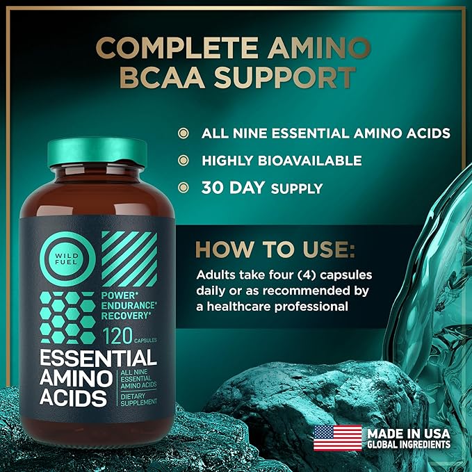 WILD FUEL Essential Amino Acids Supplement for Women and Men - All 9 BCAAs Amino Acid Complex for Power and Recovery - EAA Lysine, Tryptophan, Isoleucine - 2 Pack 240 Vegan BCAA Capsules