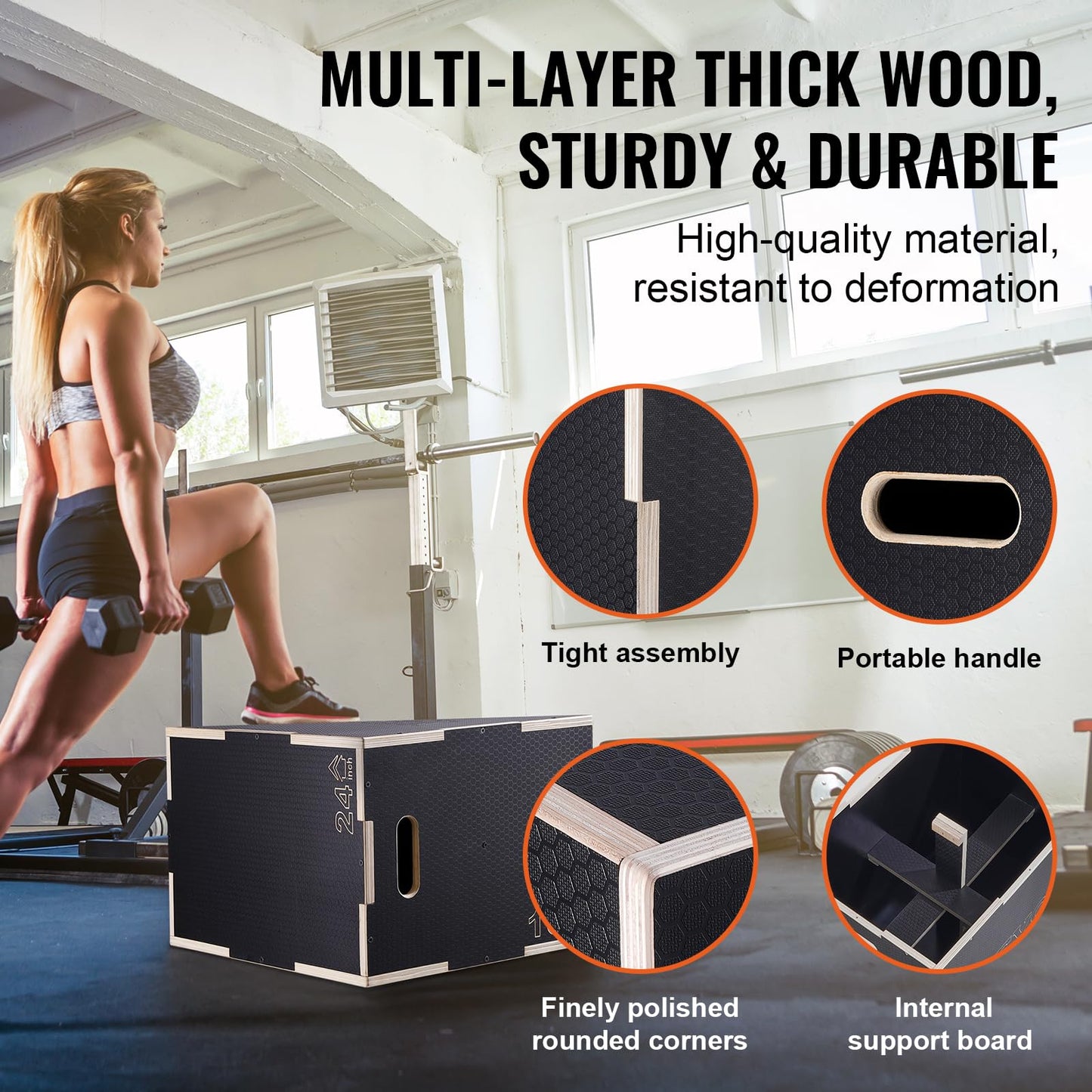 VEVOR 3 in 1 Plyometric Jump Box, Easy-to-Assemble Wood Plyo Box for Jumping Trainers, Home Gym Training and Conditioning, 24" x 20" x 16"